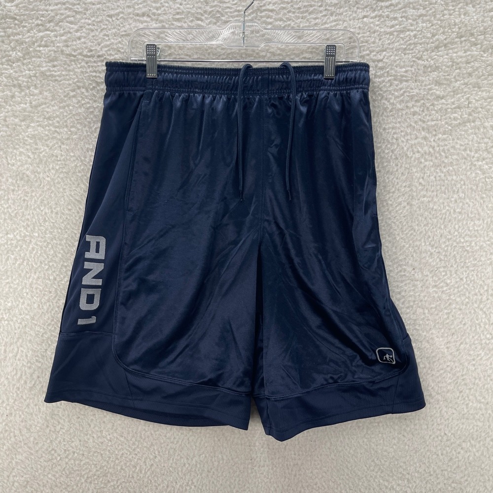 AND1 Basketball Shorts Mens Large Navy Blue Dazzle Athletic Gym Training Summer